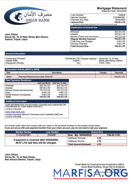 Blank Libya Aman Bank for Commerce and Investment (ABCI) mortgage statement Word and PDF template